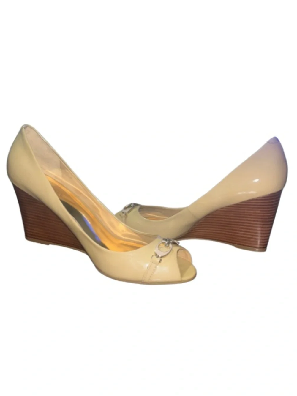 Coach Elora Patent Leather Peep Toe Wedge Heels - Tan Nude 11B LIKE NEW